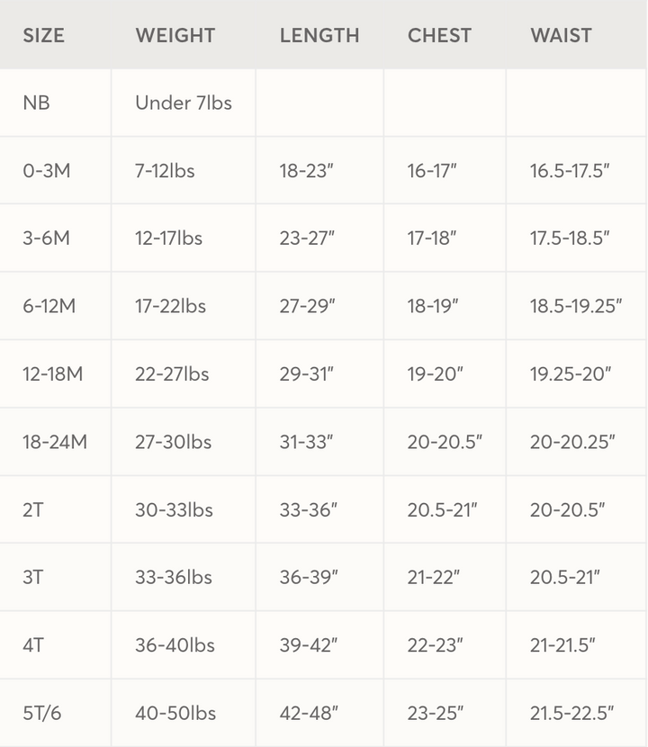 A size chart table with columns for SIZE, WEIGHT, LENGTH, CHEST, and WAIST, listing categories from NB to 5T/6 with weight and measurement ranges.