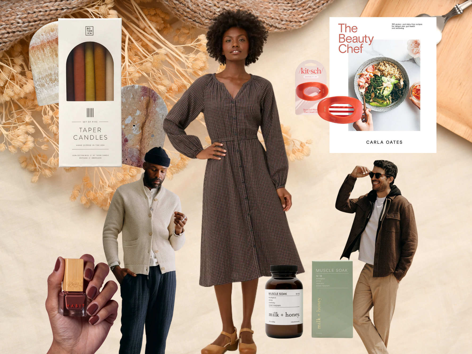 A collage of new fall arrivals at Echo Market including a gingham dress from Pact, Taylor Stitch sweaters, orange and brown candles from Botanica, and more