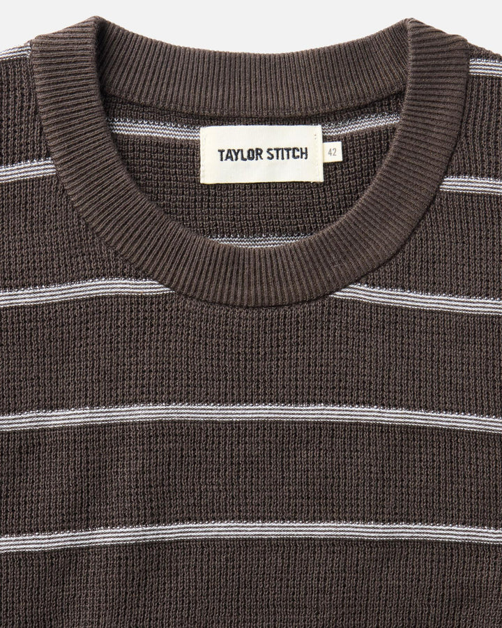 Close-up of The Brody Sweater Tee in Espresso Stripe with &