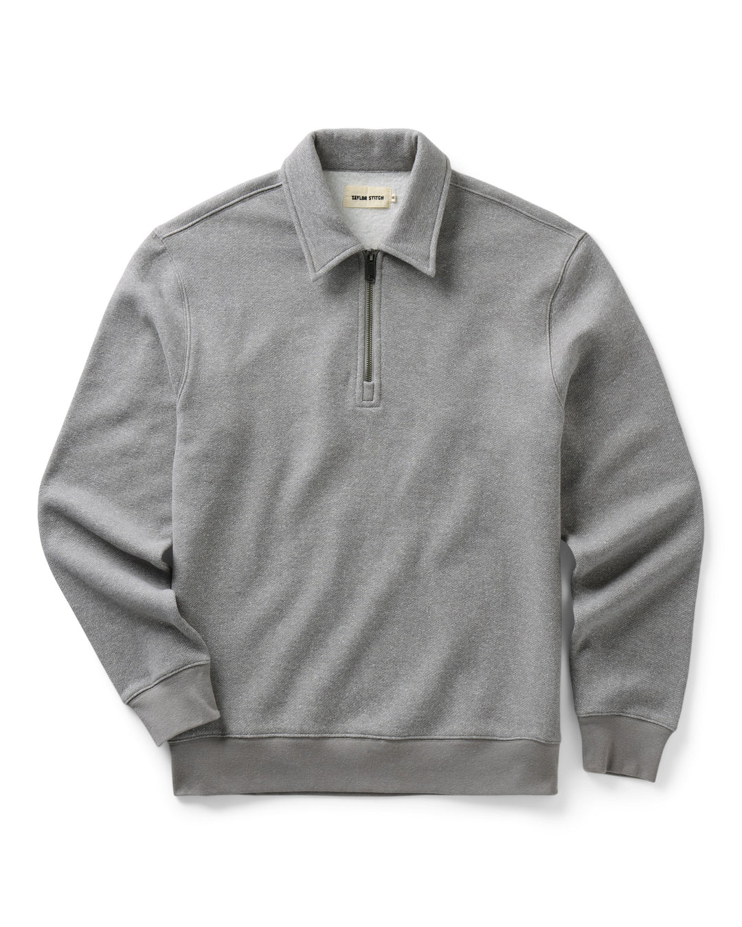 A light gray heathered quarter-zip pullover sweatshirt with a collar, shown flat against a white background.