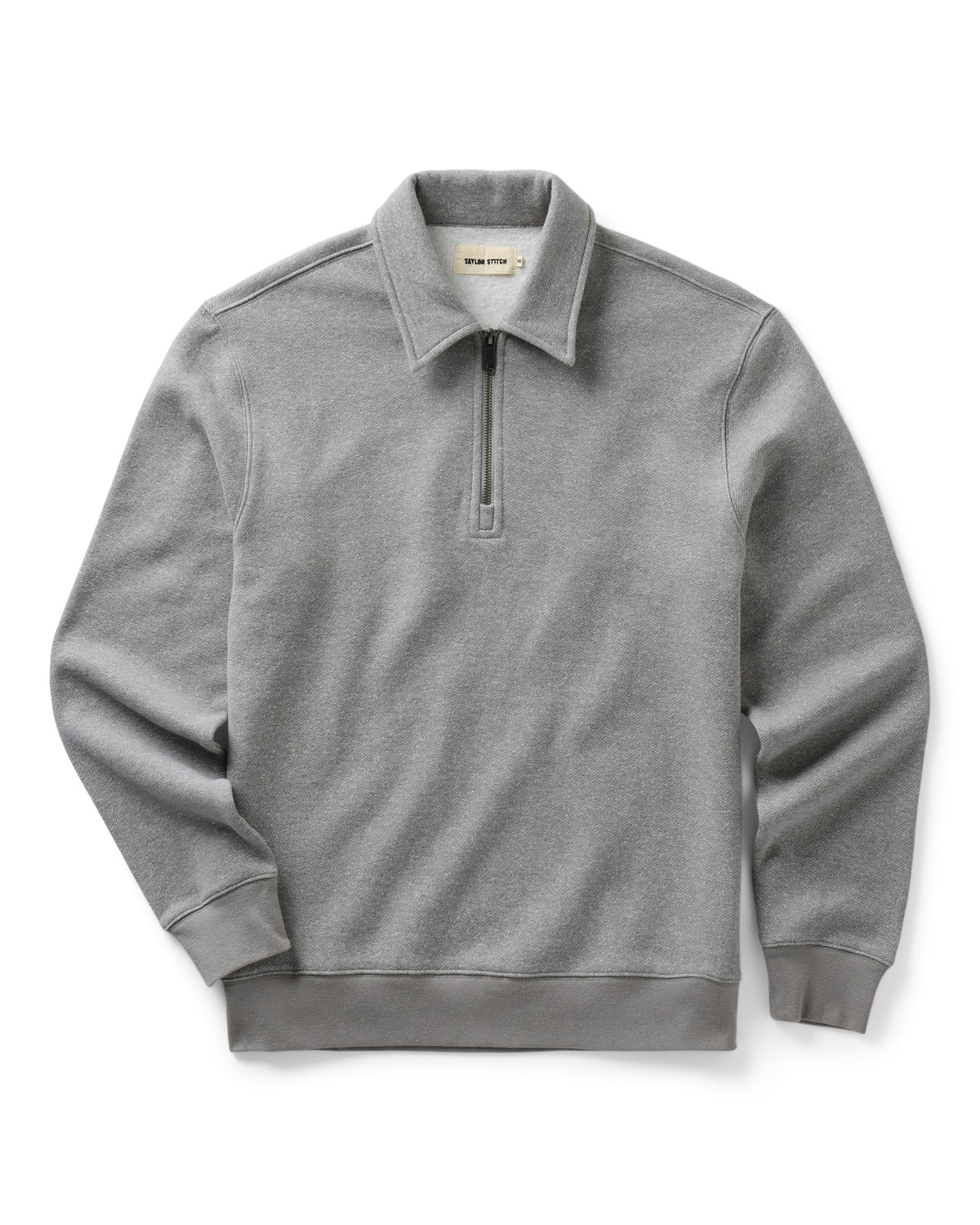 A light gray heathered quarter-zip pullover sweatshirt with a collar, shown flat against a white background.