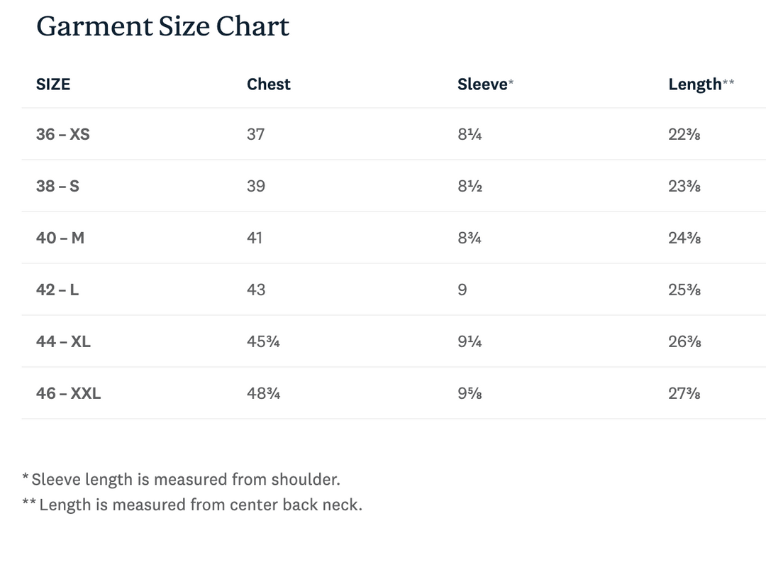 Garment size chart with chest, sleeve, and length measurements.
