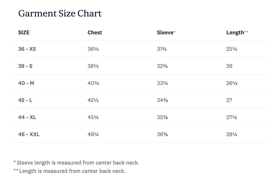 A garment size chart table with columns for Size, Chest, Sleeve, and Length, listing sizes from 36 - XS to 46 - XXL with percentage-based chest and sleeve measurements and length in inches.