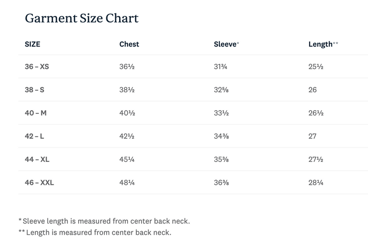 A garment size chart table with columns for Size, Chest, Sleeve, and Length, listing sizes from 36 - XS to 46 - XXL with percentage-based chest and sleeve measurements and length in inches.