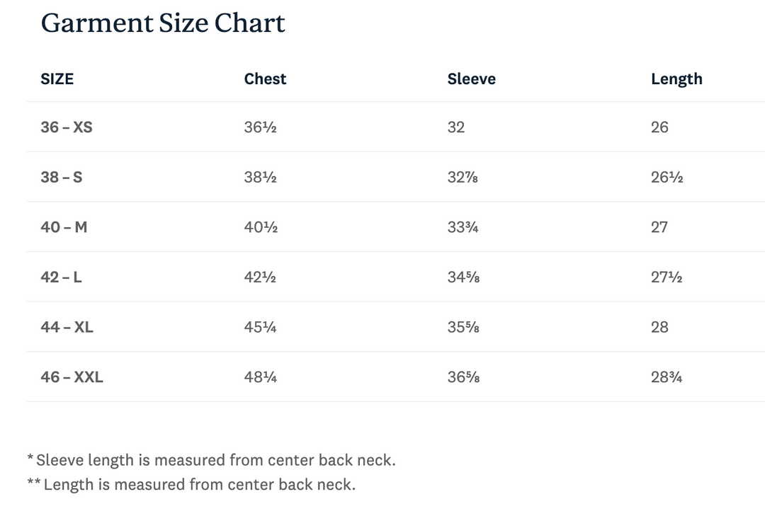 A garment size chart table with columns for Size, Chest, Sleeve, and Length, listing measurements from 36 - XS to 46 - XXL with footnotes explaining sleeve and length measurements.