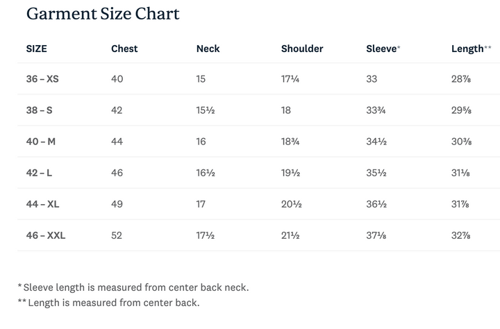 A garment size chart table with columns for Size, Chest, Neck, Shoulder, Sleeve, and Length, listing sizes from 36-XS to 46-XXL and including footnotes about sleeve and length measurements.