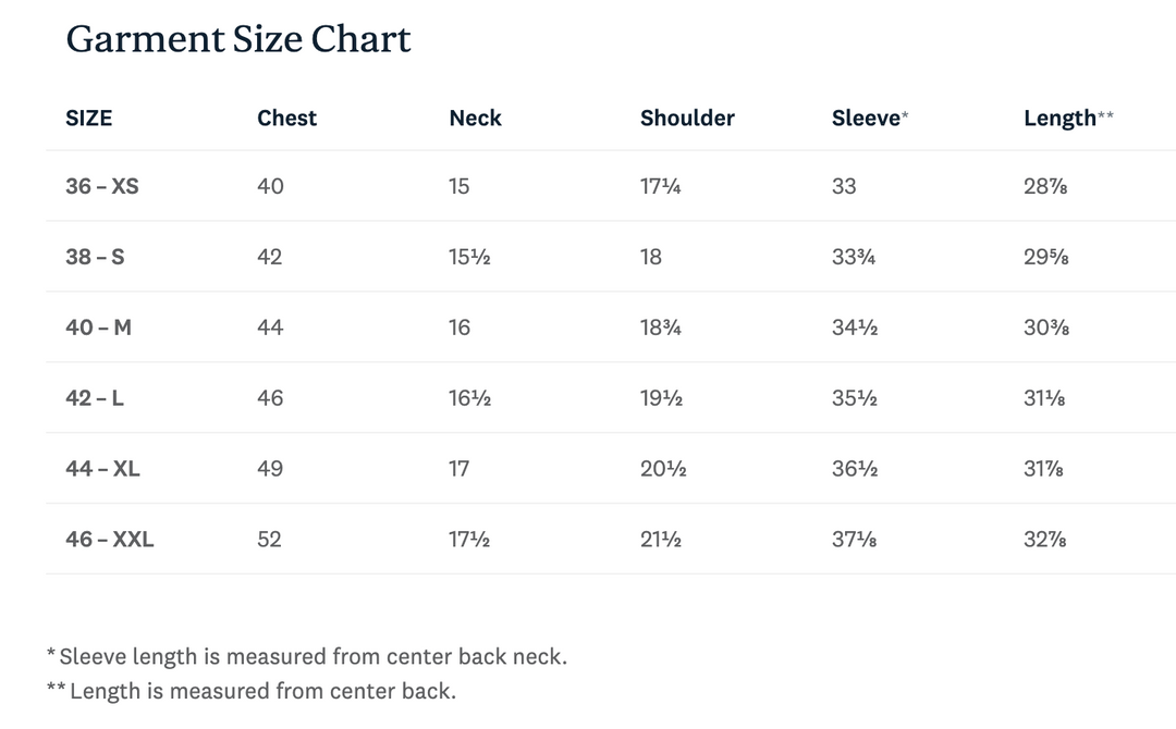 A garment size chart table with columns for Size, Chest, Neck, Shoulder, Sleeve, and Length, listing sizes 36-XS through 46-XXL with percentage sleeve and length increases.