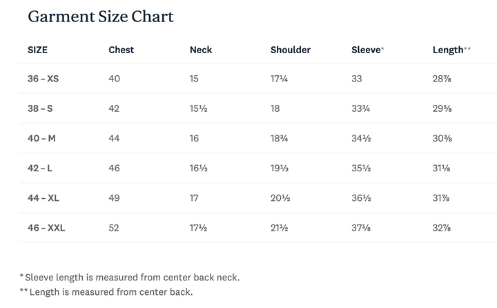 A garment size chart table with columns for Size, Chest, Neck, Shoulder, Sleeve, and Length, listing sizes 36-XS through 46-XXL with percentage sleeve and length increases.