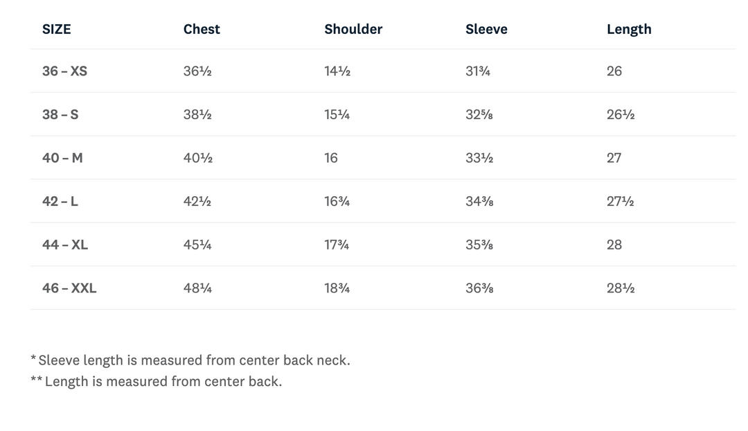 A size chart table showing chest, shoulder, sleeve, and length measurements for sizes 36 - XS through 46 - XXL, with small notes below about sleeve and length measurement locations.