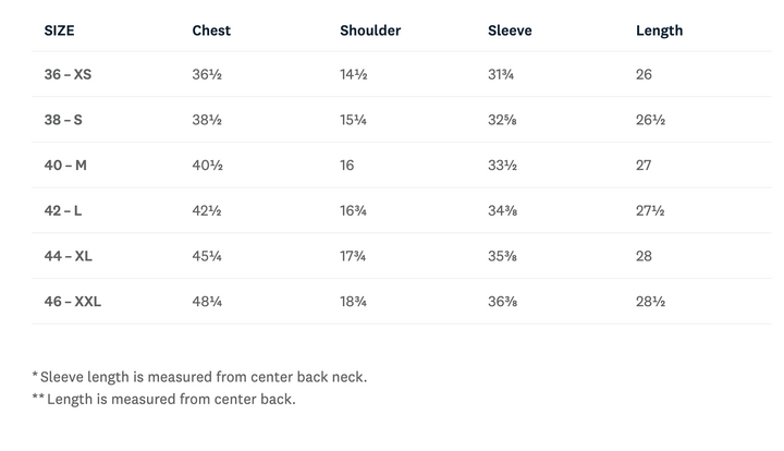A size chart table showing chest, shoulder, sleeve, and length measurements for sizes 36 - XS through 46 - XXL, with small notes below about sleeve and length measurement locations.