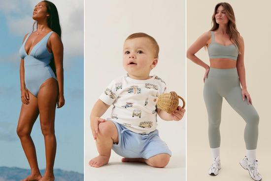 Three images in vertical columns: one with the Andie Mykonos eco swimsuit, Aster & Oak boy's outfit, and Sisterly Tribe recycled fabric athleisure outfit