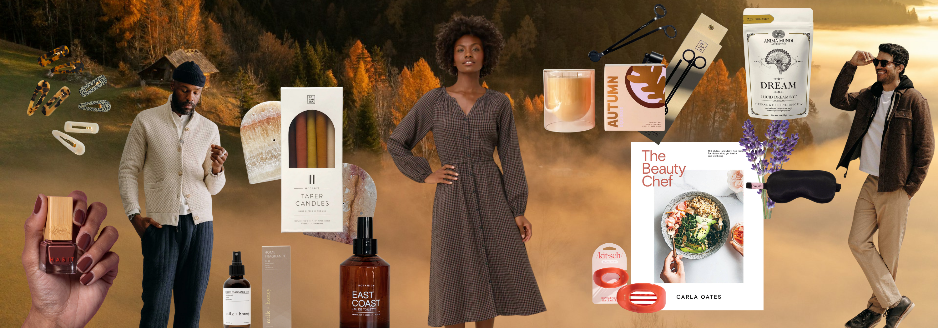 Collage of a woman in a brown dress with various products and images on a warm-toned background.