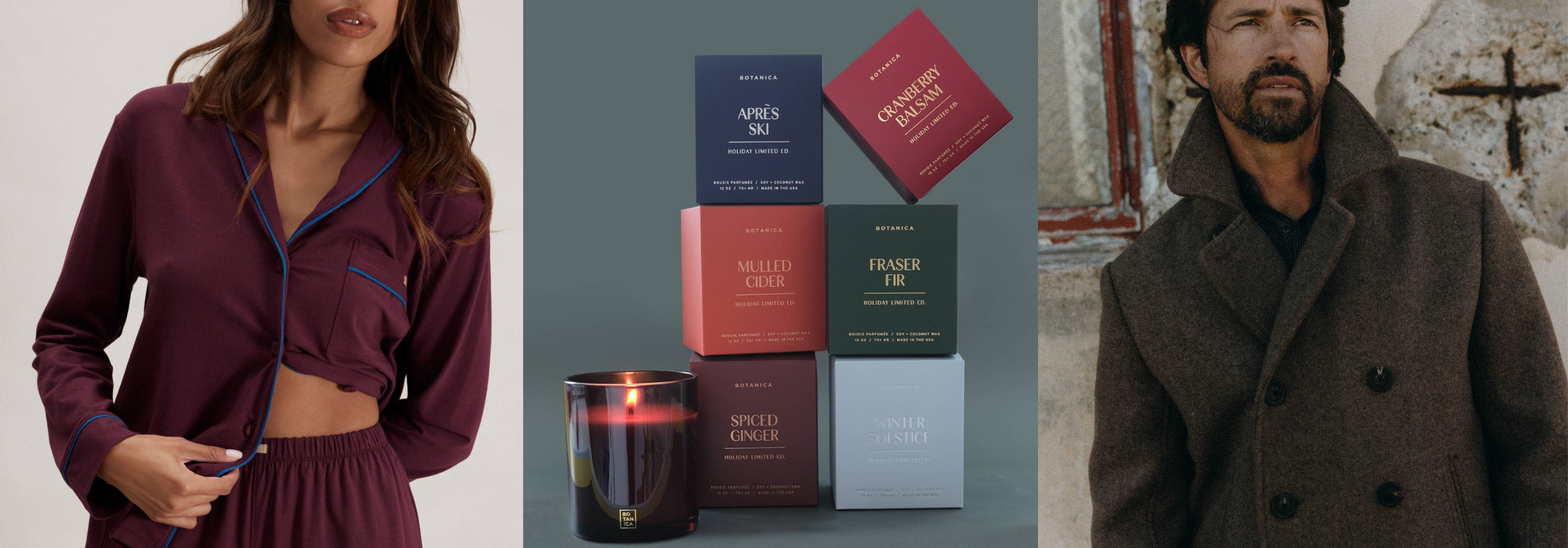 Three photos side-by-side: a woman in a purple sleepwear outfit, a stack of holiday candles, and a man in a coat.