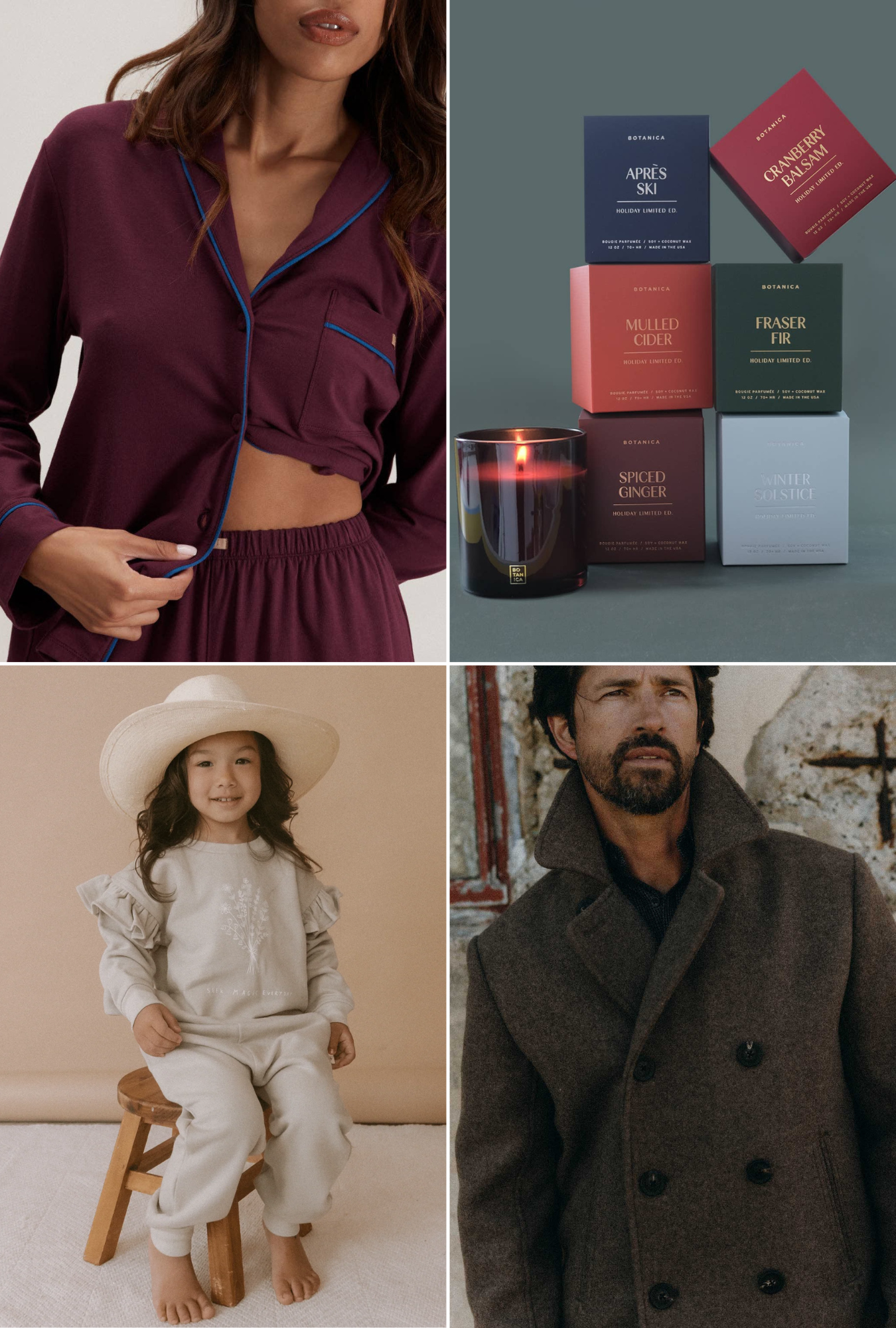 Collage of a woman in a purple outfit, candles with boxes, a child in a white outfit, and a man in a brown coat.