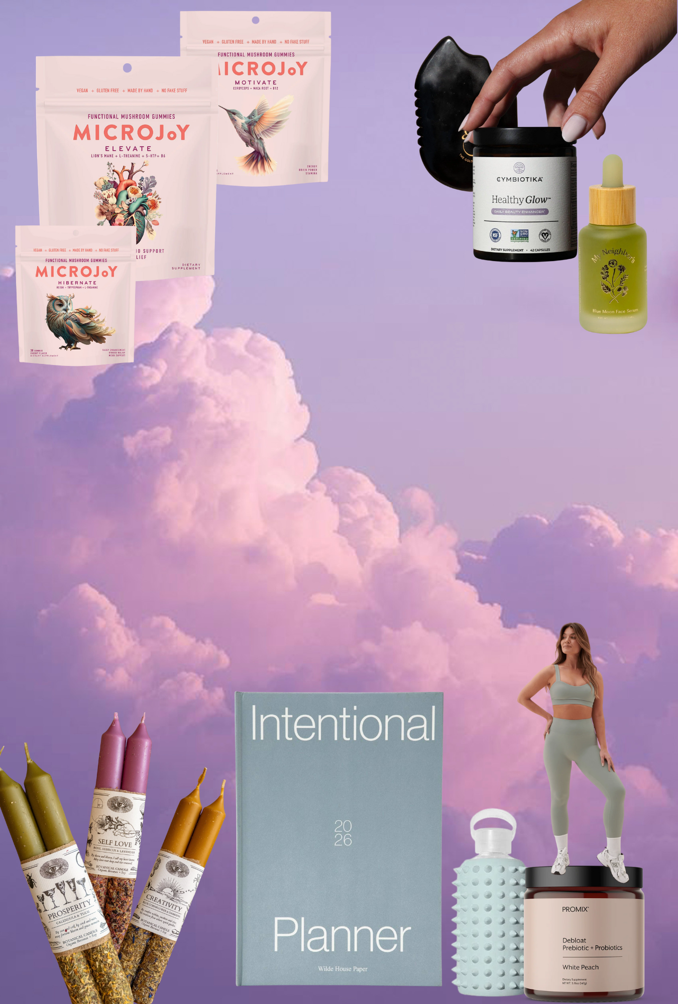 Collage of wellness products and a planner with a purple sky background