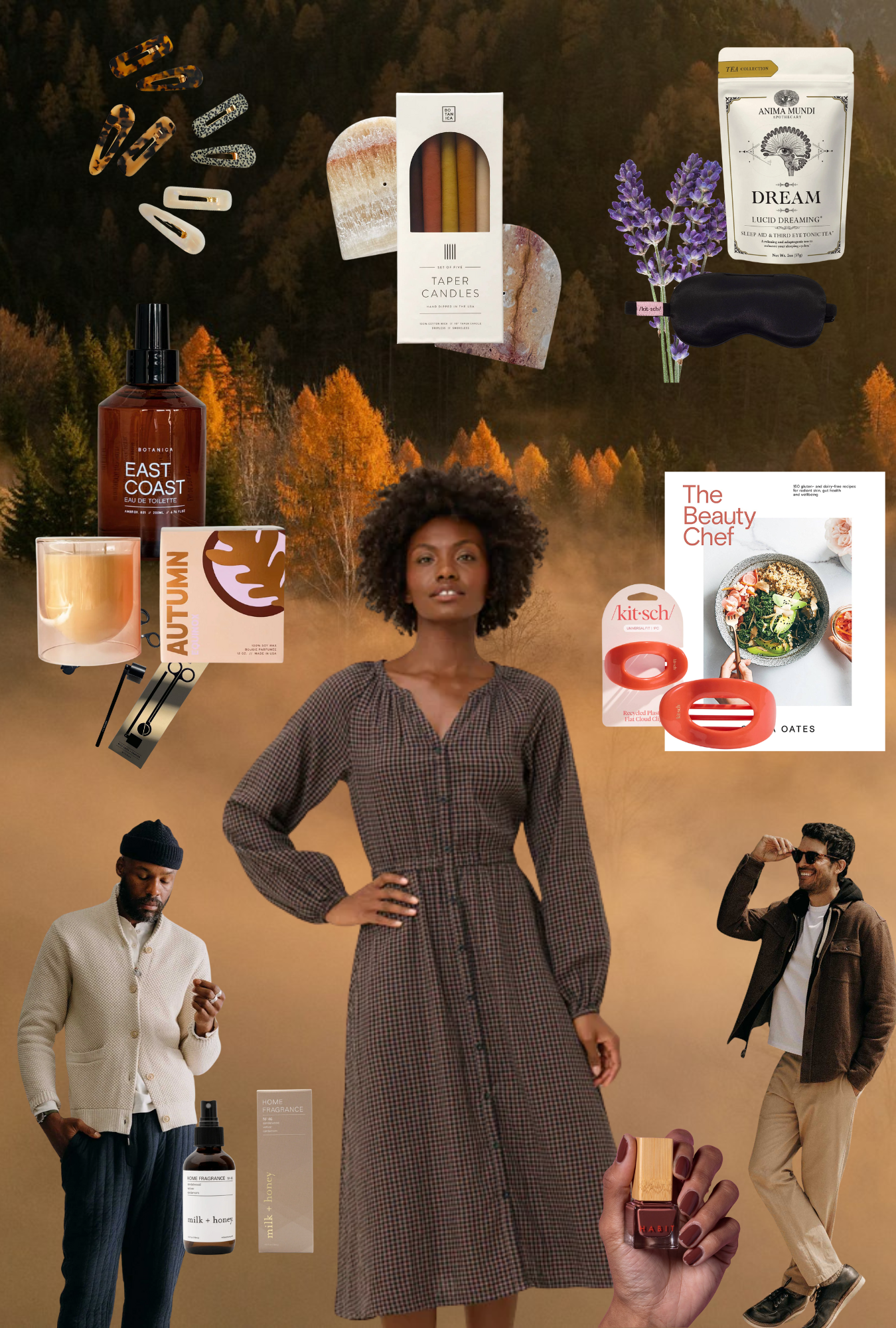 Collage of a woman in a brown dress with various products and images on a warm-toned background.