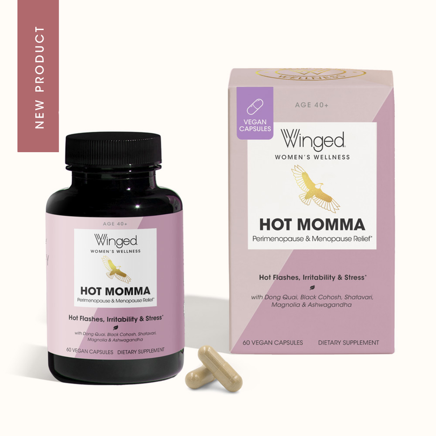 Winged Women's Wellness Hot Momma supplement bottle and packaging on a white background