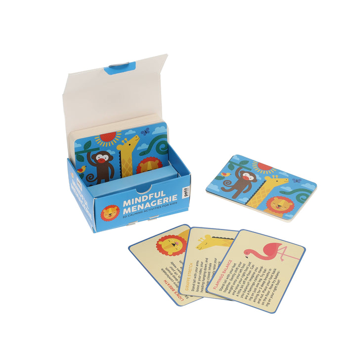 Card game set with 'Mindful Menagerie' box and cards on a white background