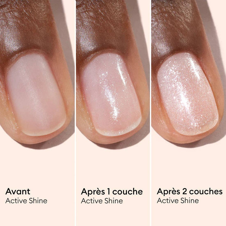 Before and after comparison of nail polish application on a hand with &