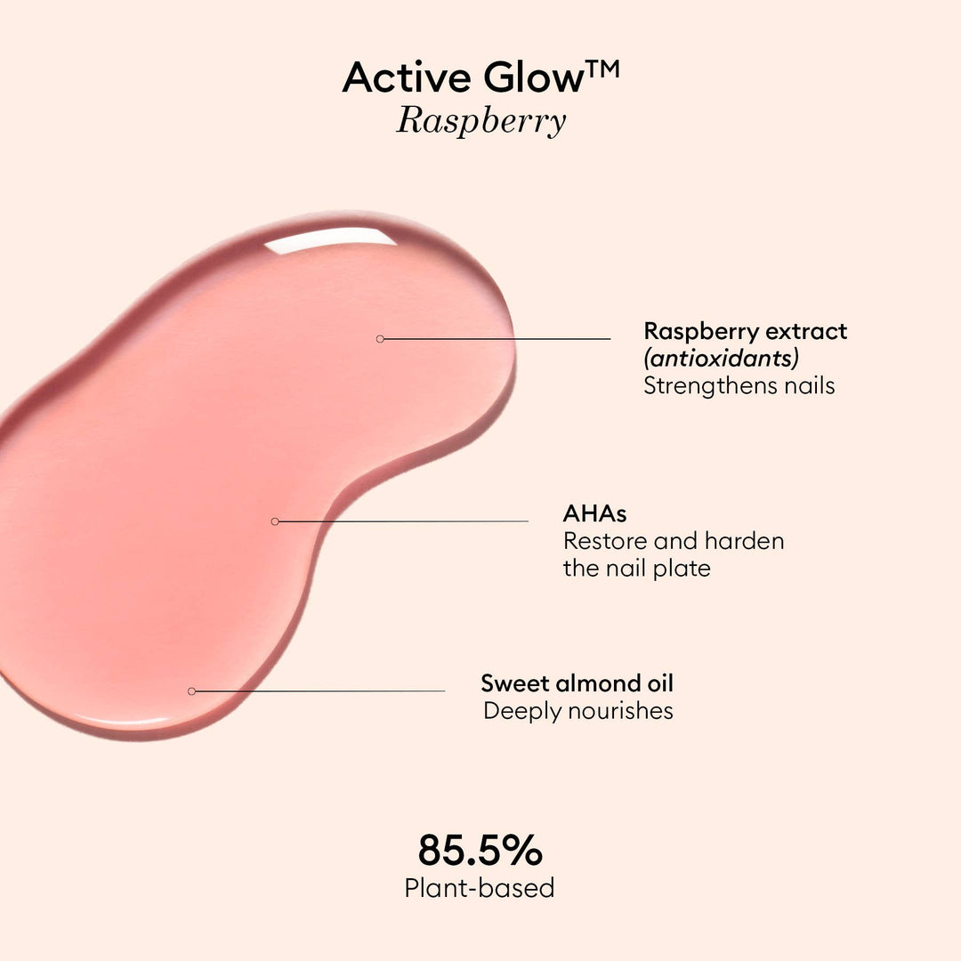 Active Glow Raspberry nail treatment with ingredients and benefits on a light pink background
