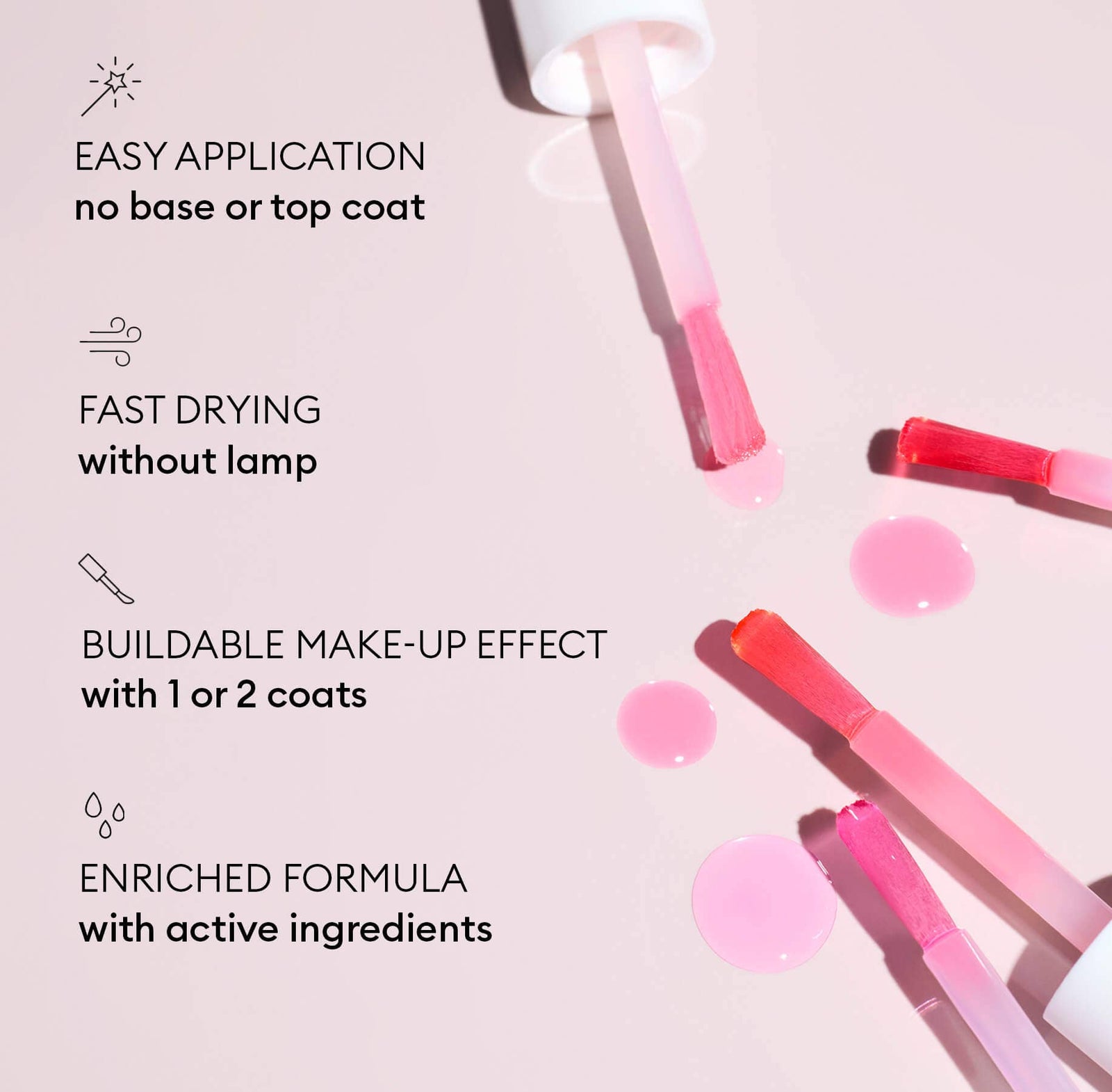 Manucurist Active Glow Nail Polish applicator with text highlighting features on a light pink background