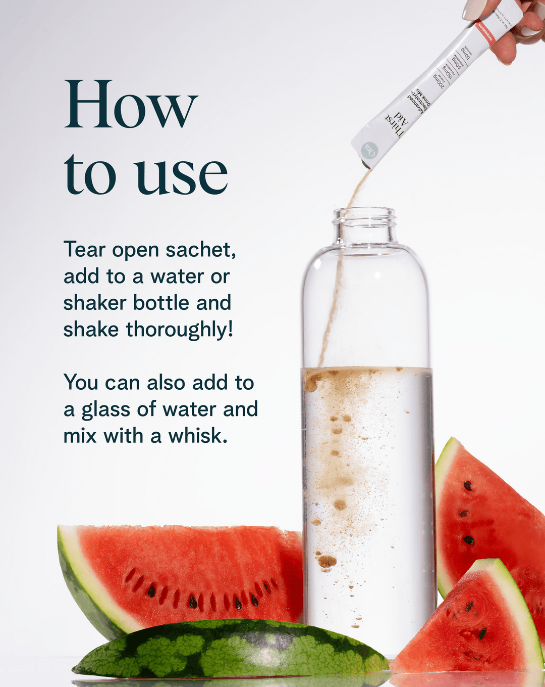 Instructions on how to use a product with watermelon slices and a bottle.