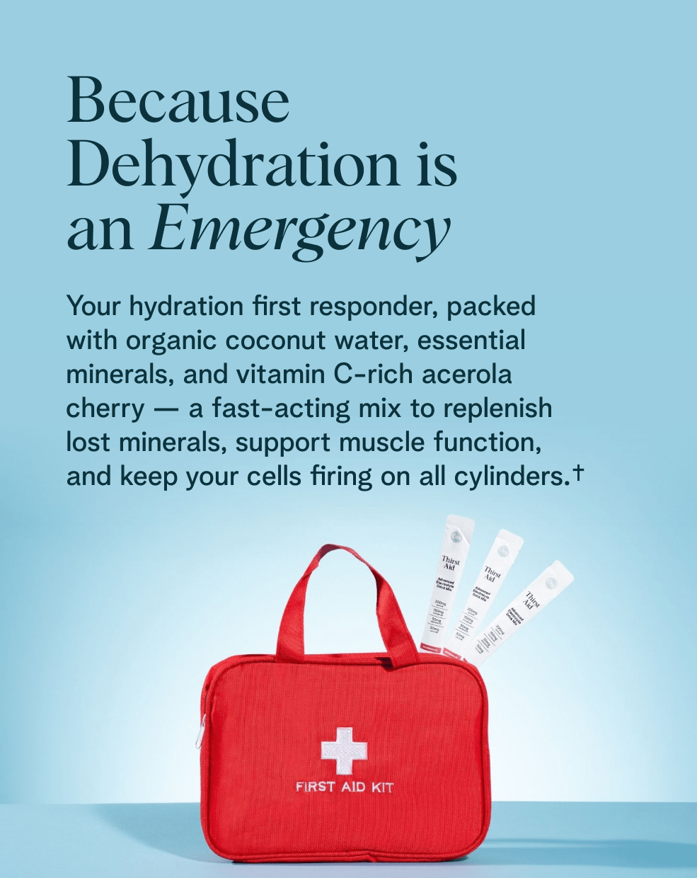 Red first aid kit with hydration products on a light blue background