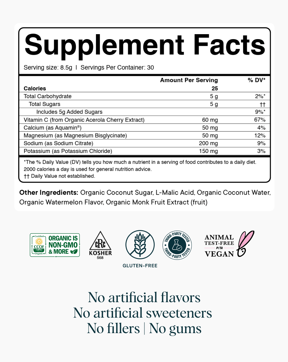 Supplement facts label with nutritional information and certification logos on a white background