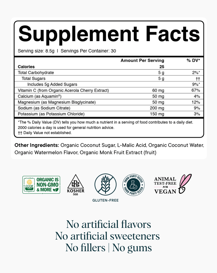 Supplement facts label with nutritional information and certification logos on a white background