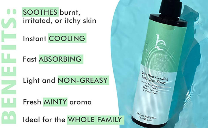 Aloe vera spray bottle with benefits listed on a light blue background
