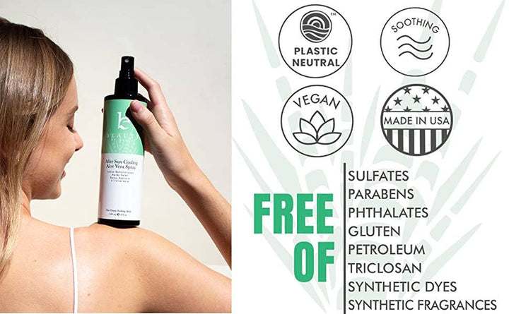 Woman holding a bottle of skin care product with certification icons on a white background