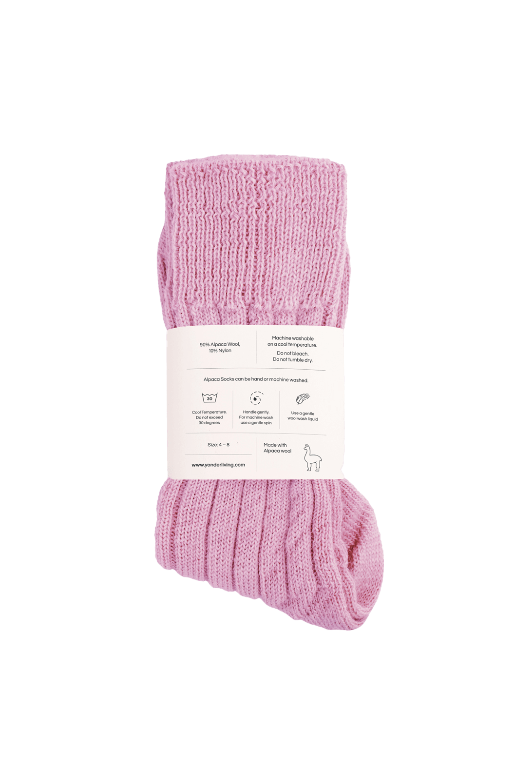 A pair of pink ribbed knit socks bundled with a white paper label, shown against a plain white background.
