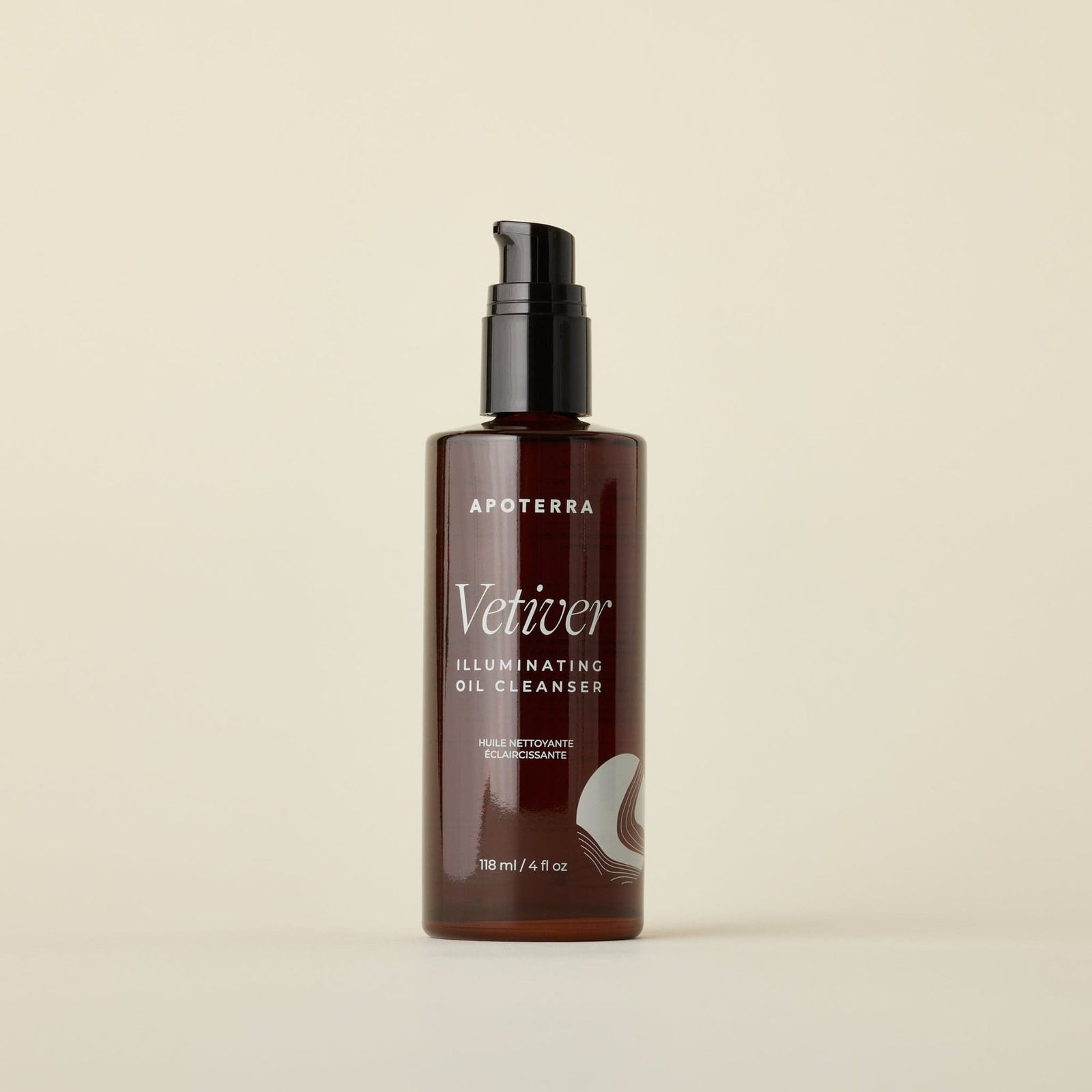 Brown bottle of Apoterra Vetiver Illuminating Oil Cleanser on a beige background