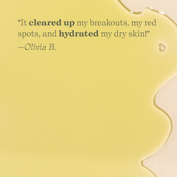 Product with a yellow background and text about skincare benefits, featuring a quote from Olivia B.