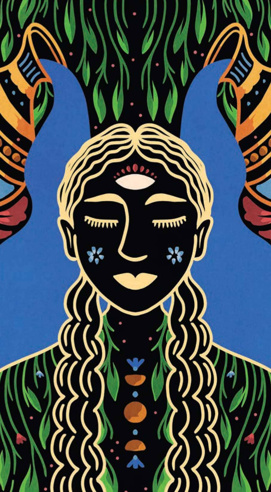 Artistic depiction of a woman with long hair and traditional patterns, surrounded by abstract elements.