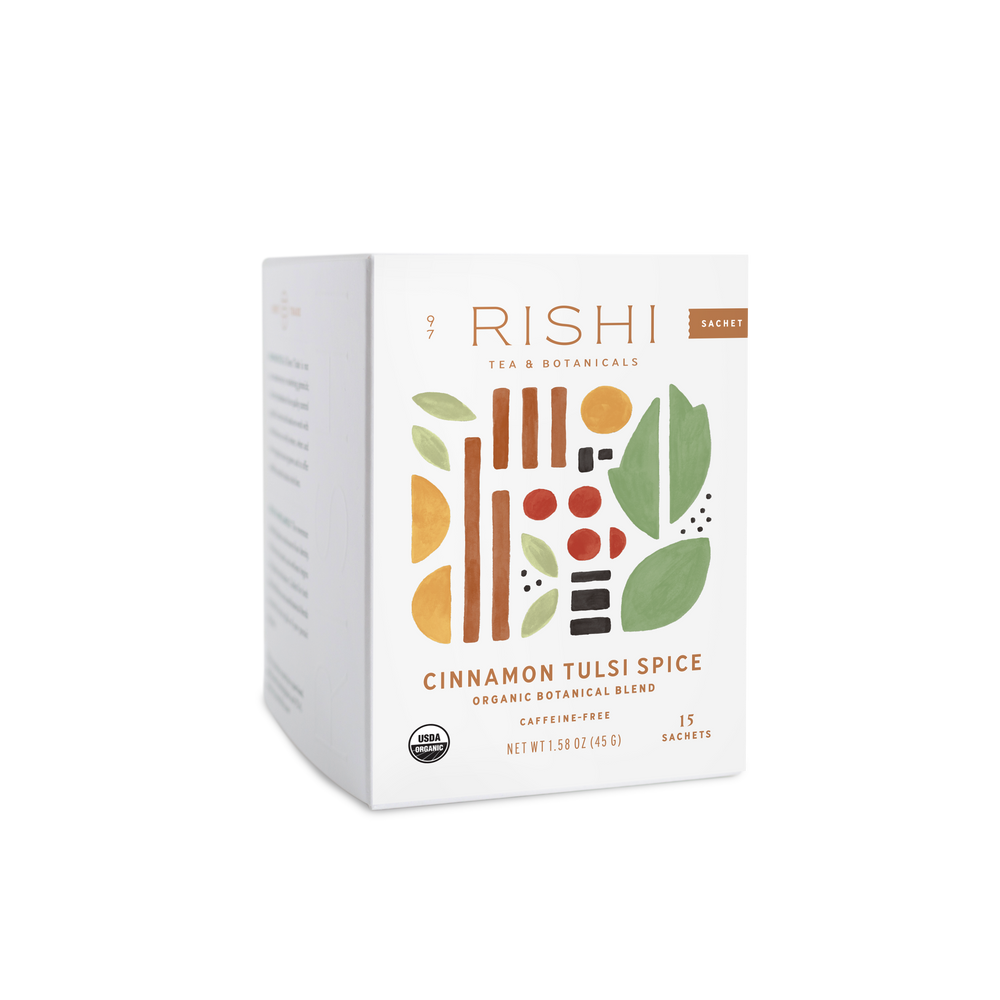 Rishi Tea Cinnamon Tulsi Spice packaging on a white background