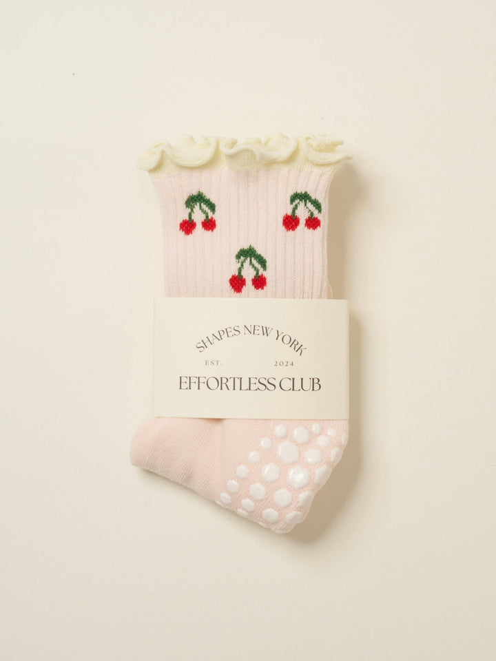 🍒 Baby Pink Cherry Ruffle Grip Sock | Pilates Socks - Echo Market