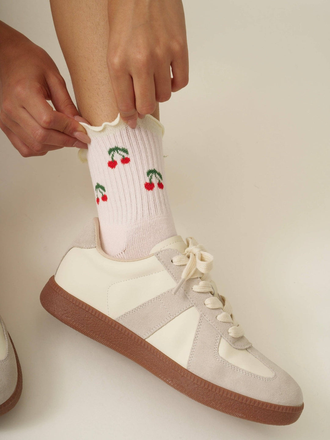 🍒 Baby Pink Cherry Ruffle Grip Sock | Pilates Socks - Echo Market