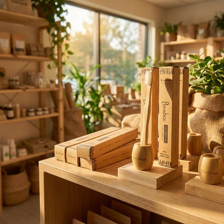 Wooden products on a table with a warm, natural setting