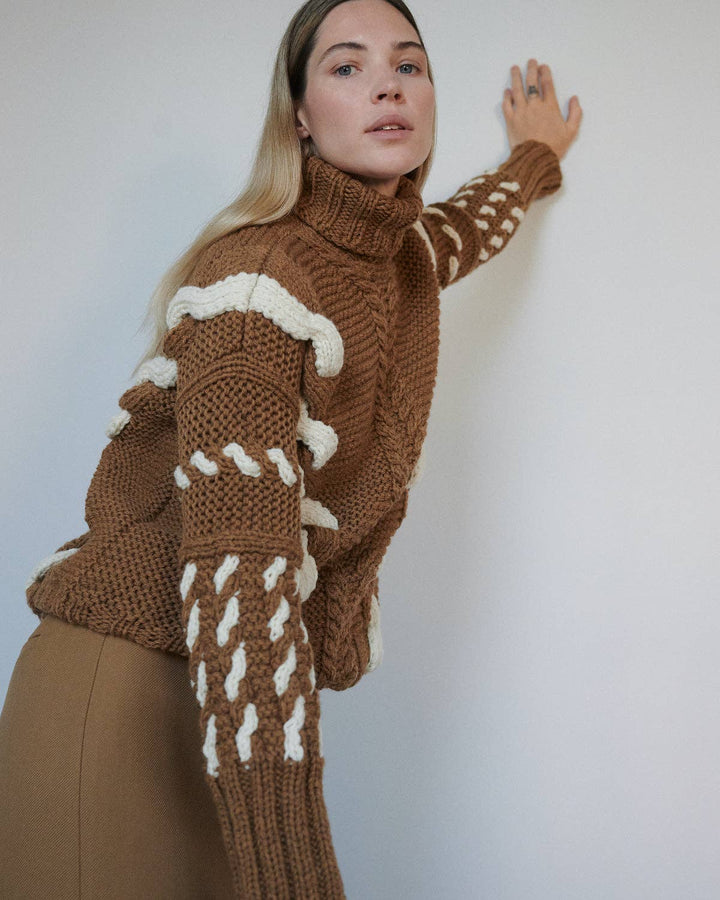 Barbora | Handmade Brown Wool Cable Turtleneck - Echo Market