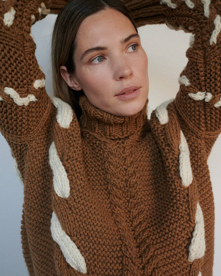 Barbora | Handmade Brown Wool Cable Turtleneck - Echo Market