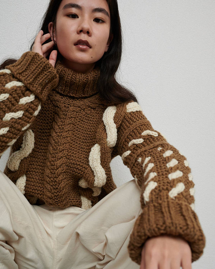 Barbora | Handmade Brown Wool Cable Turtleneck - Echo Market