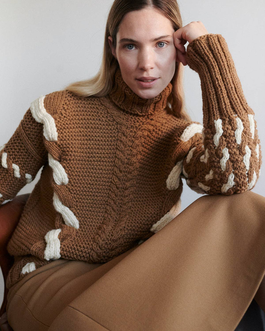 Barbora | Handmade Brown Wool Cable Turtleneck - Echo Market