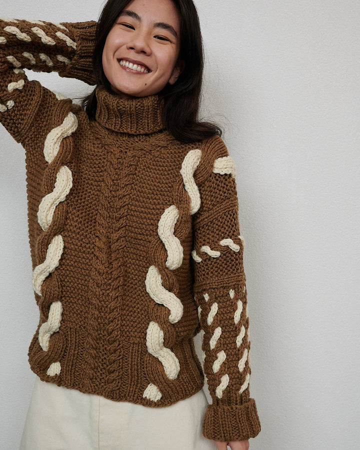 Barbora | Handmade Brown Wool Cable Turtleneck - Echo Market