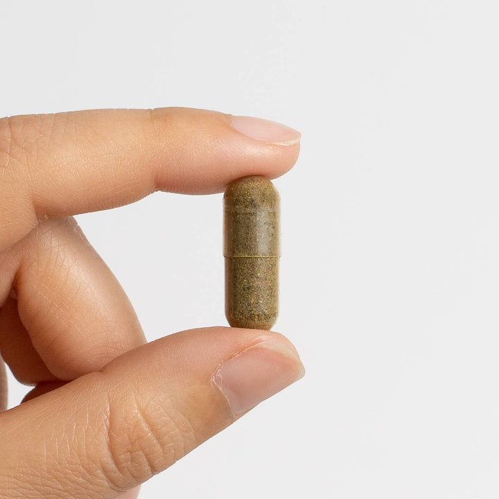 Hand holding a brown supplement capsule against a white background