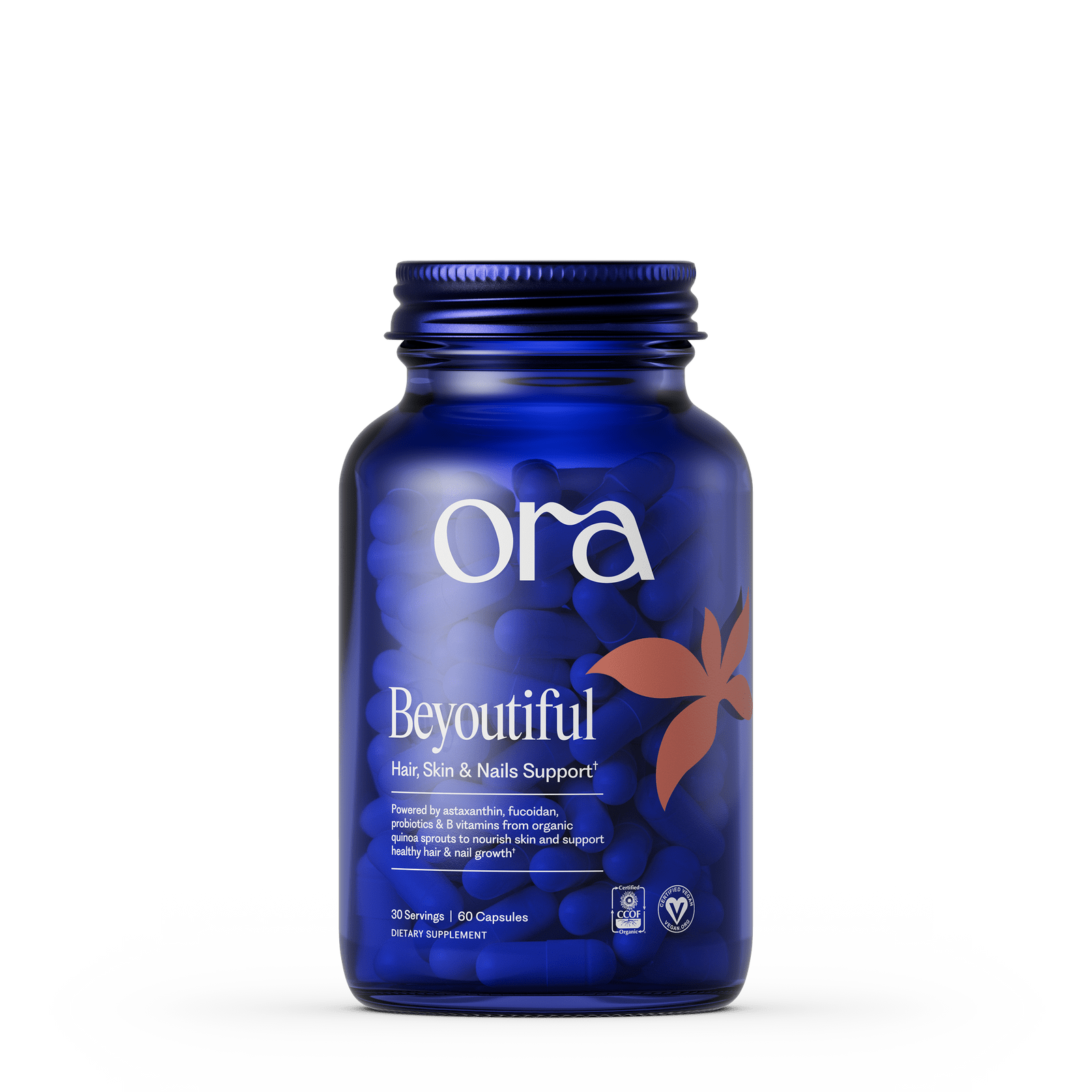 Blue bottle of Ora Beyoutiful supplement on a white background