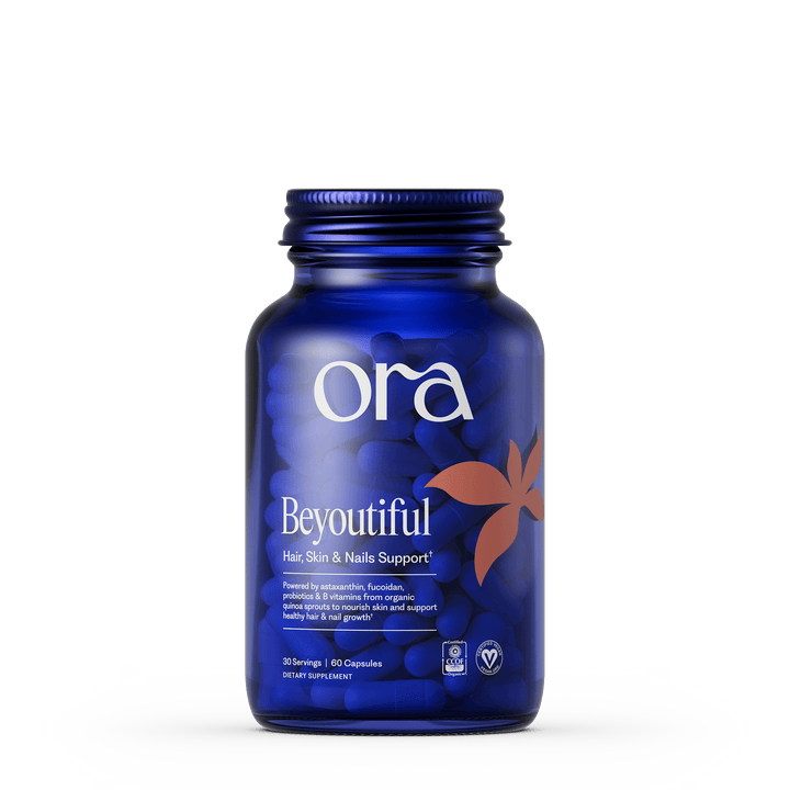 Blue bottle of Ora Beyoutiful supplement on a white background