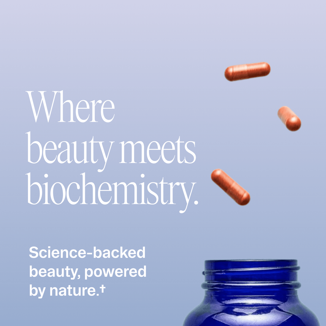 Blue jar with red capsules on a light blue background, featuring text about science-backed beauty.