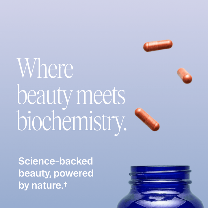 Blue jar with red capsules on a light blue background, featuring text about science-backed beauty.