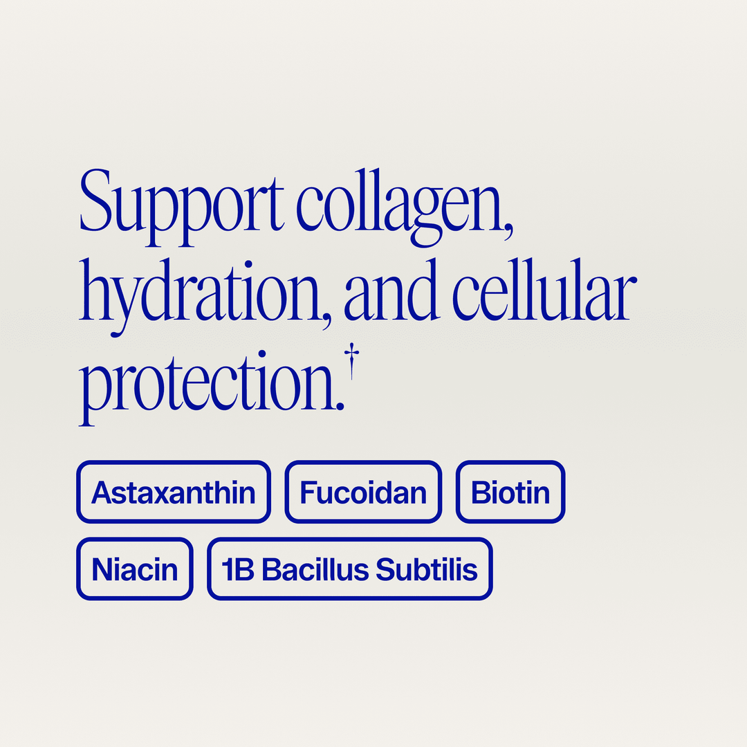 Text on a white background listing ingredients for collagen, hydration, and cellular protection.
